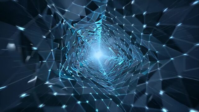 4K sci-fi animation futuristic tunnel built thousands glowing faceted polygon shapes, dynamic geometric vortex. forward tunnel facets shift, rotate, morph, reacting invisible data energy. Neon energy