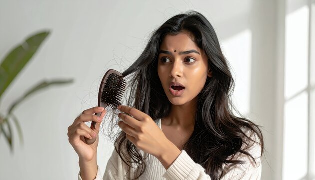 Concerned woman brushing hair and noticing hair loss.