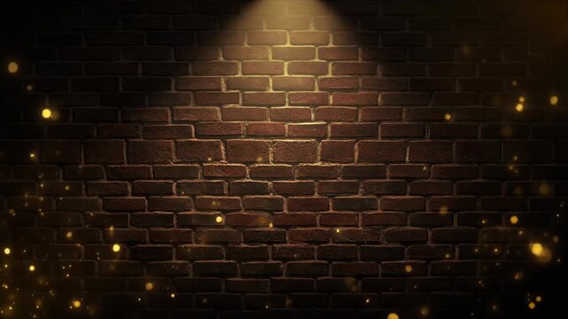 Dramatic spotlight illuminates a rustic red brick wall with shimmering golden particles flowing as a dynamic background.
