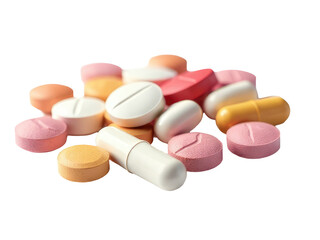 A collection of medication capsules or tablets arranged on a clean white surface, often used for demonstration or educational purposes
