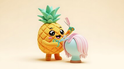 cute pineapple character working as a playful hairstylist