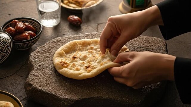 Hands preparing flatbread on stone surface with dates and water