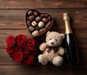 A heart-shaped box of chocolates sits on a wooden table next to a teddy bear