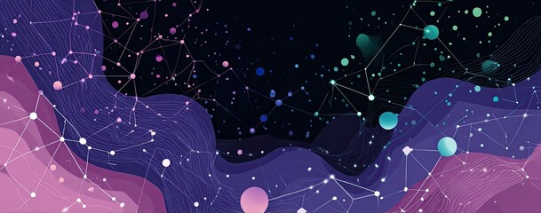 Abstract digital graphic, featuring network connections and spheres, against layered wavy background