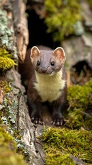 Obraz premium A curious weasel peers from a mossy tree hollow