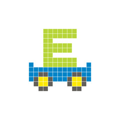 Fototapeta premium A flat pixel design made of geometric square color blocks on a clean icon layout. Pixel art cart and letter E