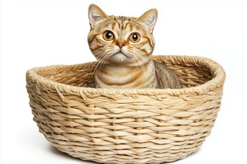 Ginger Cat Sitting in Wicker Basket on White Background
