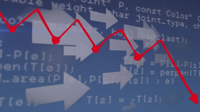 Animation of red graph moving and multiple arrow icons over data processing against blue background