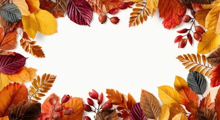 Autumn foliage creates a vibrant border around a blank white space, showcasing nature's colors