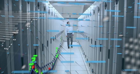 Financial data processing and world map over caucasian male engineer walking in computer server room - Powered by Adobe