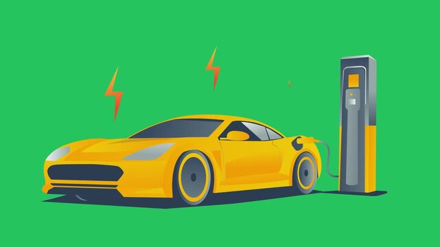 Electric car charging at a station with animated energy symbols, showing the power flow into the vehicle. Modern motion graphic representing electric vehicles, clean energy, sustainable transportation