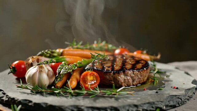 Top-down food video, grilled beef tenderloin steak light stone plate, roasted vegetables arranged circular modern design, asparagus, carrots, cherry tomatoes, garlic cloves, fresh rosemary thyme