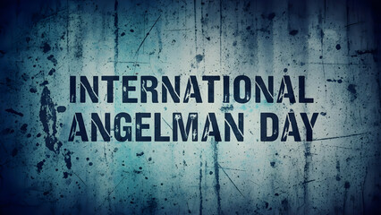 "International Angelman Day" grungy text on a distressed teal background, symbolizing awareness and support for Angelman Syndrome, a neurological disorder. Medical and health campaign graphic.