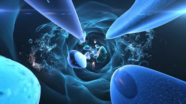 Abstract futuristic space environment featuring glowing blue liquid, particles and objects flowing in zero gravity