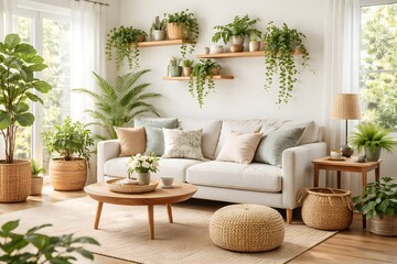 cozy sunlit living room with natural plants and minimalist decor