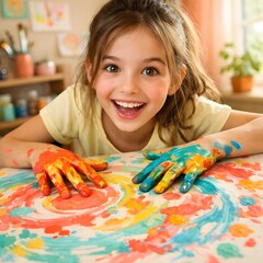 happy young girl enjoying colorful finger painting activity