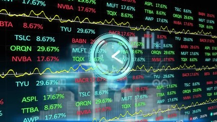 Animation of clock running on financial data on digital interface with buildings - Powered by Adobe