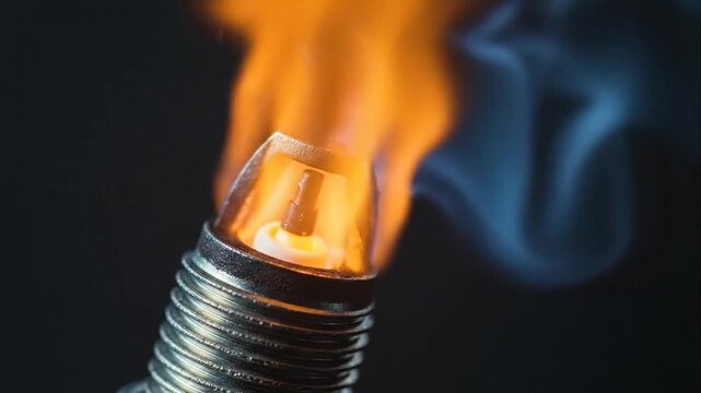 Close up of a sparking combustion engine component with bright flames against a dark background