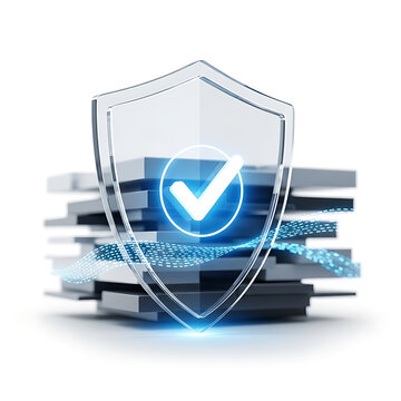 Clear data security shield concept with verified access symbol layered over stacked sensitive corporate information and business records storage