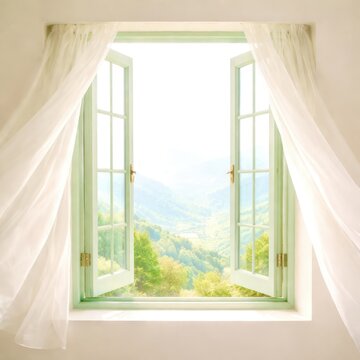 A window with a view of mountains and trees