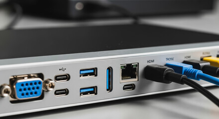 Close-up of modern docking station hub with multiple connectivity ports including HDMI, USB-C, USB-A, Ethernet, and VGA, highlighting data and video transmission technology