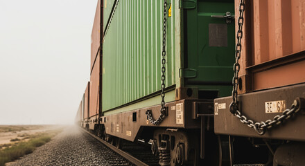 Close-up view of a long freight train carrying stacked shipping containers on railway tracks through a hazy, remote landscape, symbolizing global logistics and cargo transport