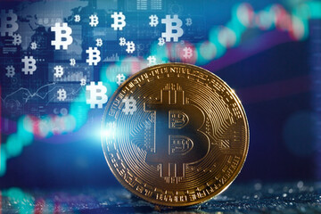 Shining golden Bitcoin cryptocurrency coin with a futuristic digital background displaying blockchain symbols, financial market charts, and a global network, digital finance global economic trends