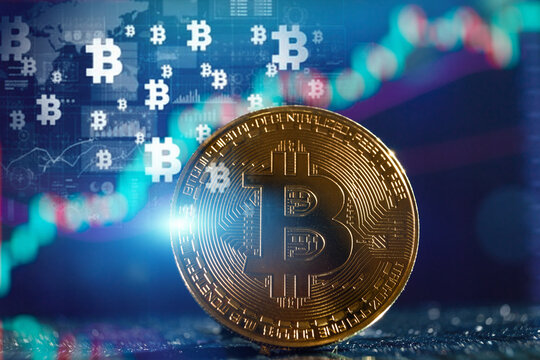 Shining golden Bitcoin cryptocurrency coin with a futuristic digital background displaying blockchain symbols, financial market charts, and a global network,  digital finance global economic trends