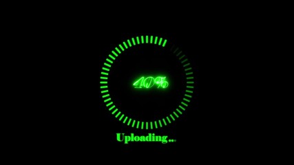 Neon green circular loading bar at 24 percent with the text Uploading displayed in glowing characters on a dark void