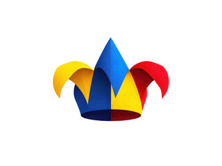 A clown hat with a red and yellow feather on top