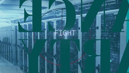 Animation of fight text banner in seamless pattern against computer server room - Powered by Adobe