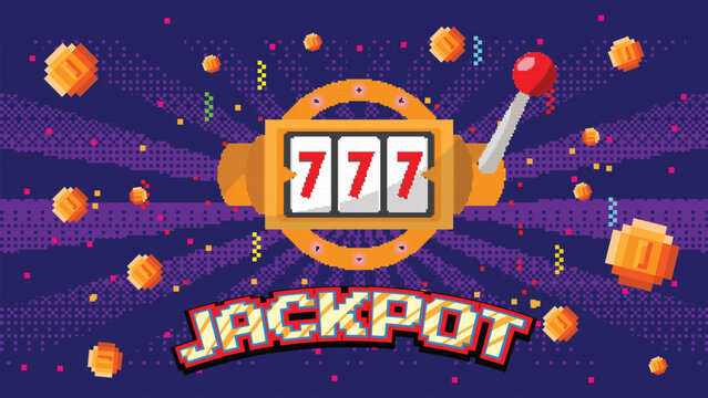 8 bit pixel art Golden slot machine wins the jackpot