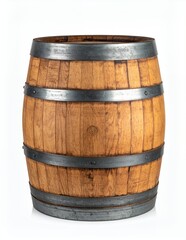 Fototapeta premium Rustic Wooden Barrel with Metal Hoops on White Background.