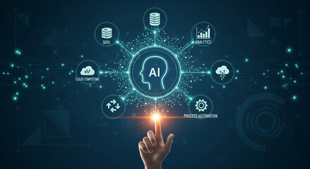 Fototapeta premium Hand interacting with futuristic ai interface glowing blue icons and symbols on dark background representing artificial intelligence and technology concepts