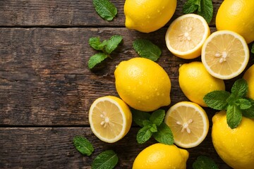 Fresh Yellow Lemons and Green Mint Leaves on Rustic Wooden Table Top View