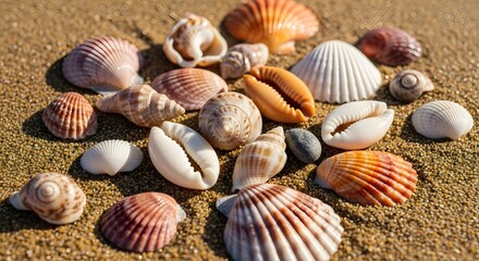 Assorted Tropical Seashells and Snail Shells Scattered on Sunny Beach Sand for Summer Vacation Concept