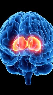 Medical brain looping background video with glowing basal ganglia and neural pathways, this animated 3d render is perfect for educational and scientific presentations