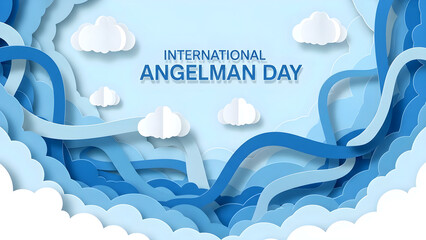 International Angelman Day. Paper cut style banner with blue waves and white clouds for awareness and support.
