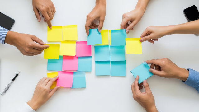 Team collaborating with colorful sticky notes on a whiteboard