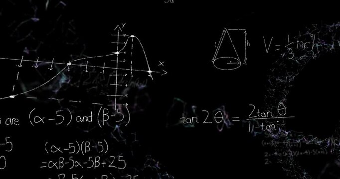 The digital animation depicts various mathematics problems being worked out on a green background