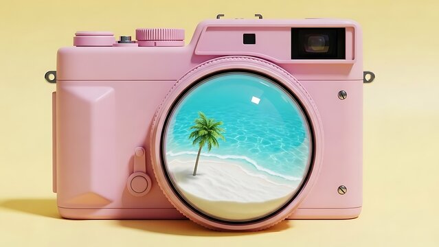 Capturing serenity: pink camera framing a tropical beach scene with palm tree and crystal clear water