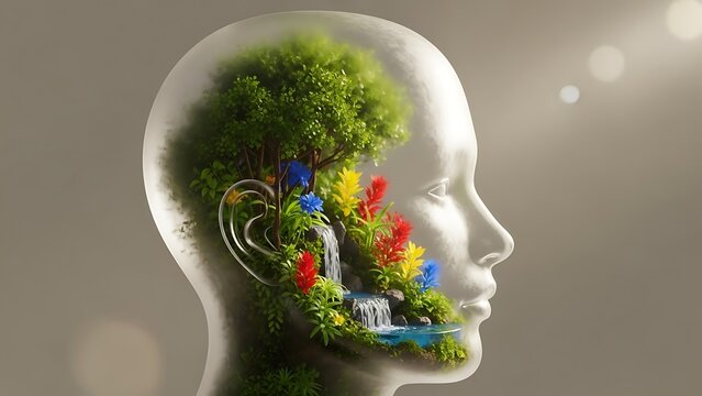 Harmonious blend of human mind and nature's serenity with vibrant flora and water features