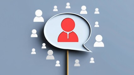 Central red person icon inside a white speech bubble with subtle 3D effect, surrounded by scattered white person icons on a grey background