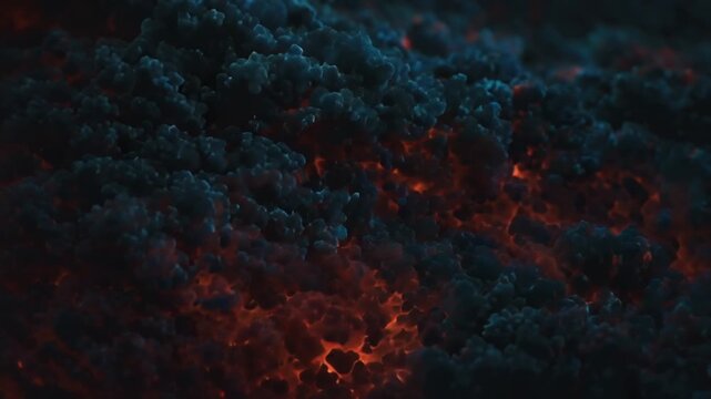 abstract sci-fi fractal cloud animation, deep electric blue crimson red energy clouds colliding slow motion, volumetric nebula fog recursive fractal structures, clouds repel interlock intelligent