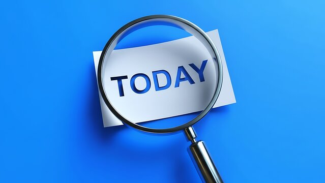 Magnifying glass over the word TODAY on white paper against a vibrant blue background, symbolizing focus and attention on the present moment