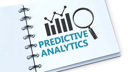 Open notebook showing bar graph with line chart and magnifying glass over text 'PREDICTIVE ANALYTICS' on white background