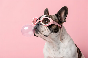 Photorealistic studio portrait of a French bulldog wearing pastel swimming goggles and blowing a bubble gum bubble, playful and humorous mood, trendy fashion pet concept, pink solid background, clean 