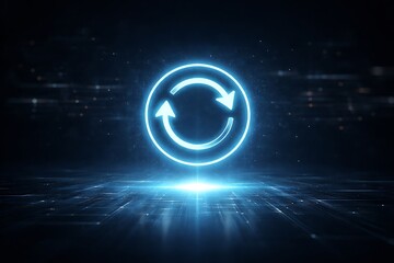 Refreshing neon circle icon with arrows indicating cycle or refresh action in dark futuristic background