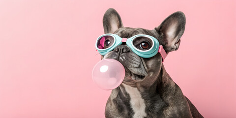 Photorealistic studio portrait of a French bulldog wearing pastel swimming goggles and blowing a bubble gum bubble, playful and humorous mood, trendy fashion pet concept, pink solid background, clean 