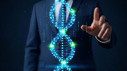 Scientist interacting with digital dna helix representation in dark background